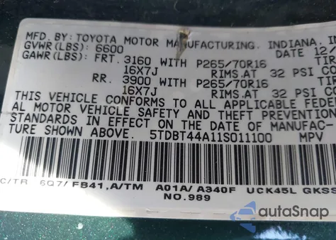 2001 Toyota Sequoia Sr5 V8 from USA, damaged, VIN 5TDBT44A11S011100